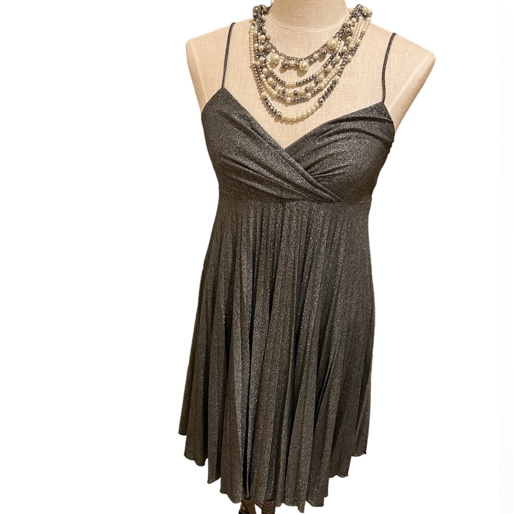 Max & Cleo Shimmery Metallic Platinum, Swing/Pleated Cocktail Dress, Size Medium